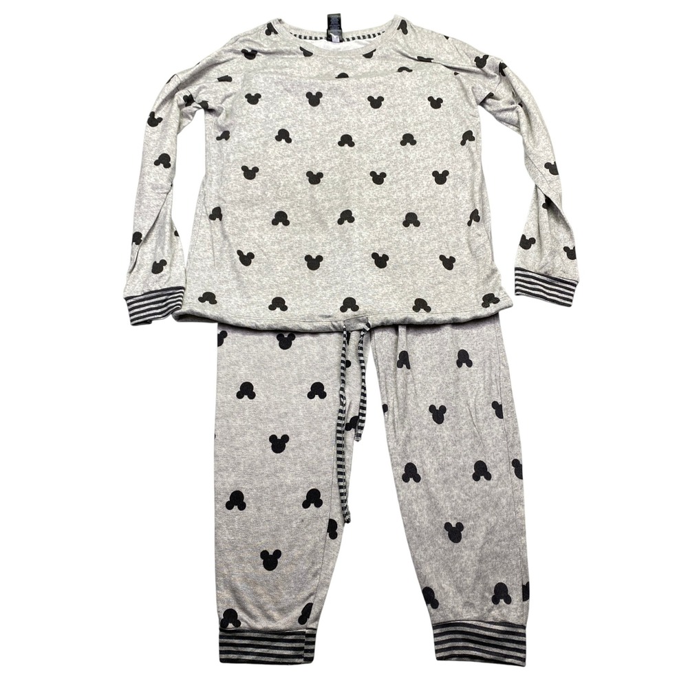 Disney Mickey Mouse Pajama‎ Set Gray Long Sleeve Top Pants Women's Medium - Picture 1 of 16
